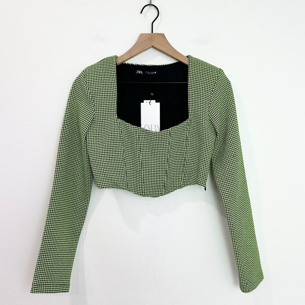 NWT Zara Houndstooth Neon Green Corset Bustier Crop Top Size small - Picture 11 of 12